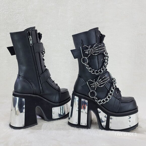 Camel Demonia Goth Punk Mid Calf Platform Boots Skeleton Hands Chains - Picture 5 of 9